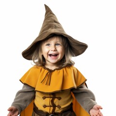 Poster - Stock image of a child in a themed costume on a plain white background Generative AI