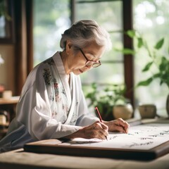 Poster - Stock image of a senior woman practicing calligraphy, artistic and precise writing Generative AI