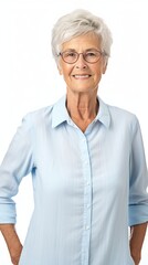 Poster - Stock image of an elderly woman in casual attire on a plain white background Generative AI