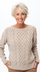 Poster - Stock image of an elderly woman wearing a knit sweater on a plain white background Generative AI