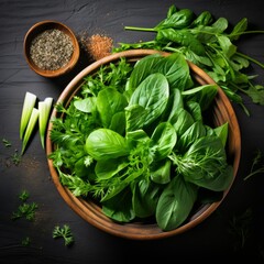 Poster - Stock image of fresh salad greens and herbs in a bowl, ingredients for healthy and nutritious meals Generative AI