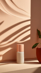 Poster - Minimalistic Interior with Decorative Cosmetics near a Beige Wall with light and Shadows of the sun.
