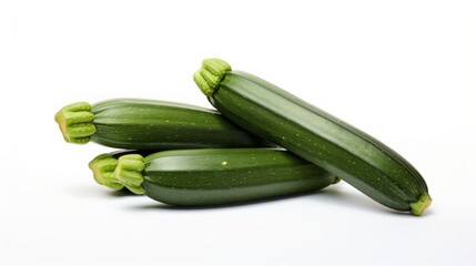 Poster - Three fresh, green zucchinis captured in a close-up realistic photo against a white background Generative AI