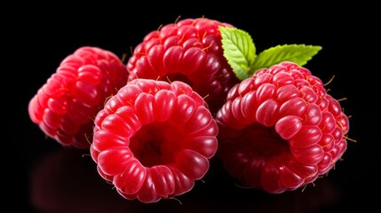 Poster - Three luscious raspberries captured in a close-up realistic photo against a white background Generative AI