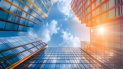 Wall Mural - Bottom view of modern skyscrapers in business district against blue sky