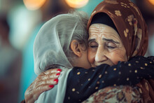 Saudi woman hugging granddaughter during family gathering 