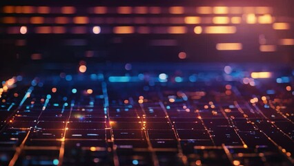 Poster - Detailed view of computer keyboard with illuminated keys, surrounded by blurred lights, Futuristic display of holographic interface with lines of code, AI Generated