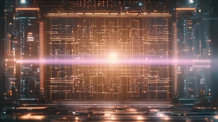 Poster - A futuristic abstract background features a bright light emitting from the center, Futuristic display of holographic interface with lines of code, AI Generated