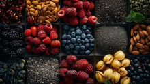 Assorted healthy superfoods displayed in a grid. A colorful variety of fresh berries, nuts, and seeds, showcasing textures and vibrant colors on a dark background.