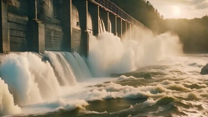 Canvas Print - Watch as a large waterfall cascades with powerful force, water pouring out endlessly, Hydropower Dam Release on River, AI Generated