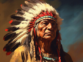 Indian. Native American wearing a feathered headdress. Digital art.