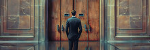 Businessman In A Suit Stands Perplexed Before A Set Of Imposing Locked Doors