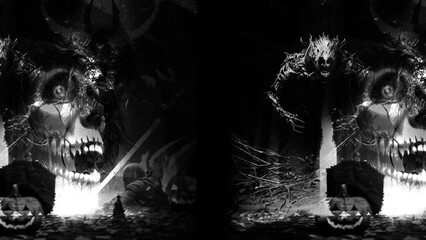 Wall Mural - Eerie Monochrome Fantasy Artwork with Sinister Creatures