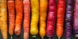 A colorful assortment of vibrant whole carrots in a rainbow spectrum. Concept Rainbow Carrots, Vibrant Vegetables, Fresh Produce, Healthy Eating, Colorful Food