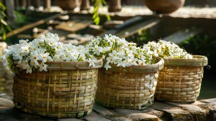 Canvas Print - Arabian Jasmine flowers collected from the garden in bamboo baskets Thai people like to use jasmine to float cold water to drink. Decorated as a garland to worship the Buddha image and make incense.