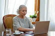 Retired woman 60 years old working online sitting at home at the laptop.