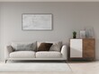 Mock up of a bright spacious living room with an original comfortable sofa and a stylish decorative background, 3D rendering.