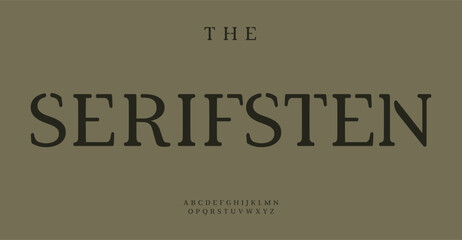Poster - Serif stencil alphabet, military serif letters, classic elegance font for army games, shirts lettering print, branding, headline, upscale publishing typography, bold title design. Vector typeset