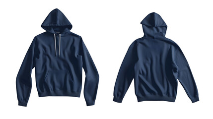 Wall Mural - Front and back view of a dark blue hoodie mockup on a transparent white background