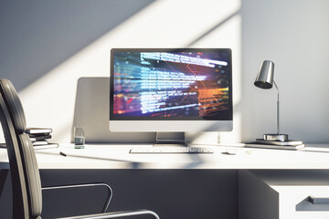 Poster - Modern computer screen with abstract creative coding sketch, artificial intelligence and neural networks concept. 3D Rendering