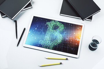 Poster - Creative Bitcoin concept on modern digital tablet screen. Top view. 3D Rendering