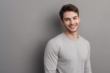 Wall Mural - Attractive man in casual clothes, smiling and looking at the camera, isolated on a grey background with copy space.