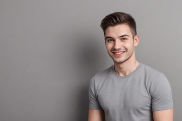 Wall Mural - Attractive man in casual clothes, smiling and looking at the camera, isolated on a grey background with copy space.