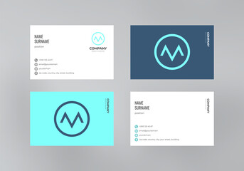 Business card template with a minimalistic logo of the letter M and a colored blue background, double-sided business card design