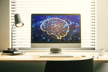 Poster - Creative artificial Intelligence concept with human brain sketch on modern laptop monitor. 3D Rendering