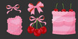 Vector Illustration of pink girly vintage bows, bento cake, vintage lambeth cake and cherry. Cute bento lambeth cake. Girly coquette aesthetic.