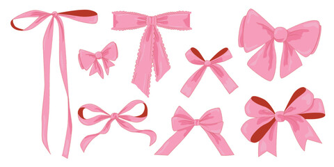 vector illustration of 8 pink girly vintage bow set. bow for hair decor flat. ribbons isolated. tren
