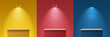 © Riseness - Set of yellow, blue, red and wood realistic 3d podium stand od cube desk shelf table with hanging neon lamps. Stage showcase, Product display. Vector rendering geometric forms. Abstract minimal scene.