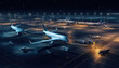airport at night with several airplanes sitting on the runway