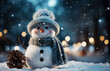 Snowman wearing a hat and scarf stands next to a pine cone in a winter scene