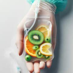 Wall Mural - Human Hand Holding Saline Bag With Fruit Slices Over White Background