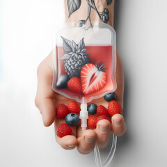 Wall Mural - Human Hand Holding Saline Bag With Berry Slices Over White Background