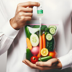 Wall Mural - Human Hand Holding Saline Bag With Vegetable Slices Over White Background