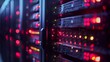 A close-up view of a server rack with glowing red LED lights in a dark data center, symbolizing network infrastructure and technology.