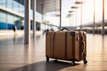 A durable tan-colored travel suitcase stands alone in an outdoor airport setting, evoking travel and adventure in the modern era