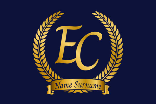 Initial letter E and C, EC monogram logo design with laurel wreath. Luxury golden calligraphy font.