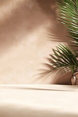 Wall Mural - Modern empty brown concrete counter table top, green palm tree in sunlight, leaf shadow on stucco texture wall for luxury organic cosmetic, beauty treatment product display, Generative AI