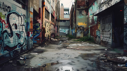 Poor neighborhood, walls covered in graffiti, dirty street