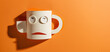 Form an abstract cubistic simple and cartoonish character, sad face on a mug, tea coffee cup, cut out  paper collage, shapes make up eyes mouth, and each shape drops shadow to background, empty space.