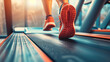 Closeup of feet running on treadmills at gym.