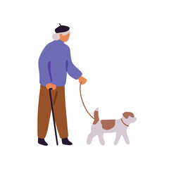 Wall Mural - Old woman walks her fluffy doggy. Canine owner strolls puppy. Granny leads dog on leash. Aged lady in beret goes with cane. Pet friend, domestic animal. Flat isolated vector illustration on white