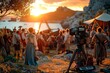 A film crew captures a movie scene in a vintage setting at sunset, with actors dressed in period costumes gathered in a rural landscape.