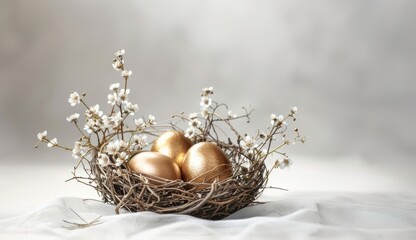 Golden Easter eggs in a nest with flowers on a neutral light background with copy space