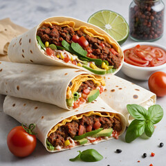 Wall Mural - burrito on the table, 3d realistic illustration of delicious food