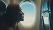 Thoughtful young woman looking out airplane window during flight