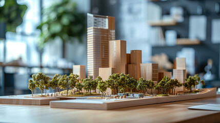 Poster - Detailed architectural model captures an urban landscape, blending miniature skyscrapers with lush greenery under natural light
